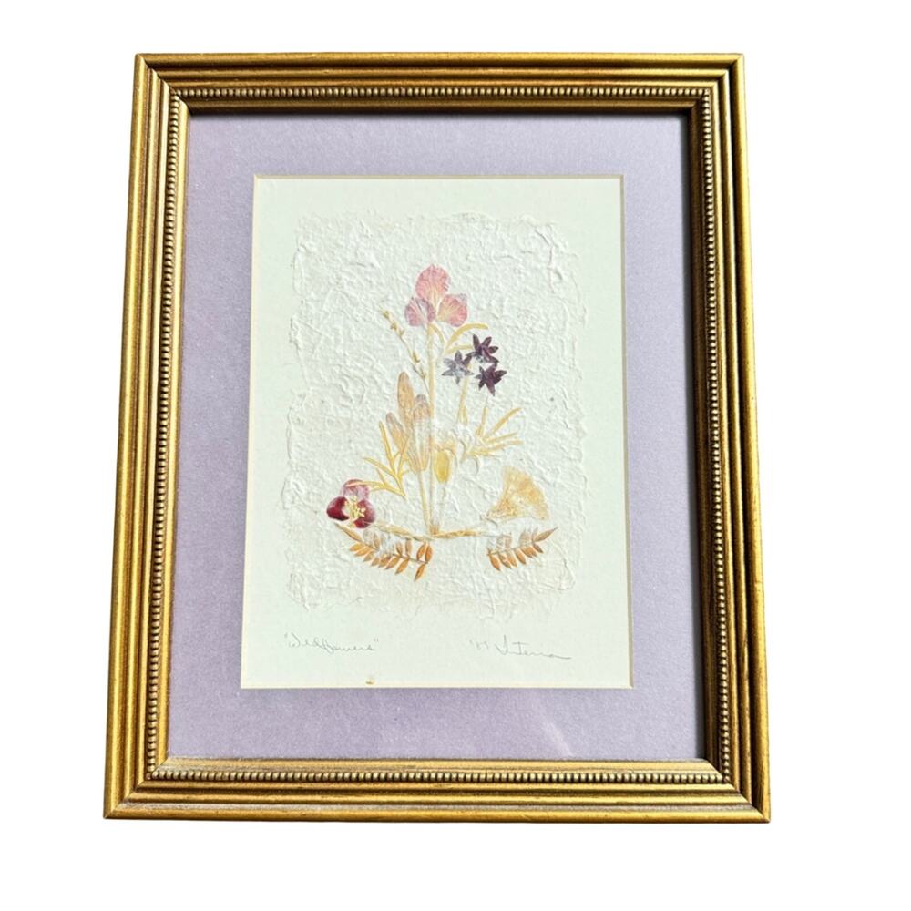 Vintage 1989 “Wildflower” Interia Signed Dried Flower Framed Art 9x11 Gold